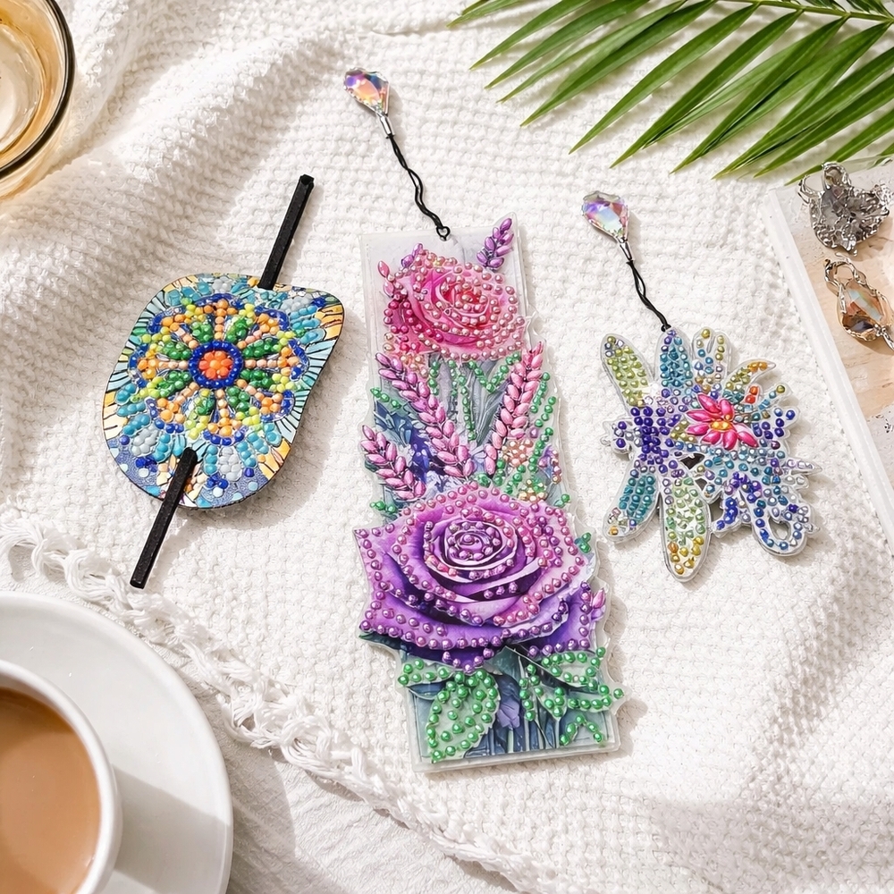 Sold @ Craft Fair. Set #4 Floral Beaded Hair Clip, Fridge Magnet & Bookmark